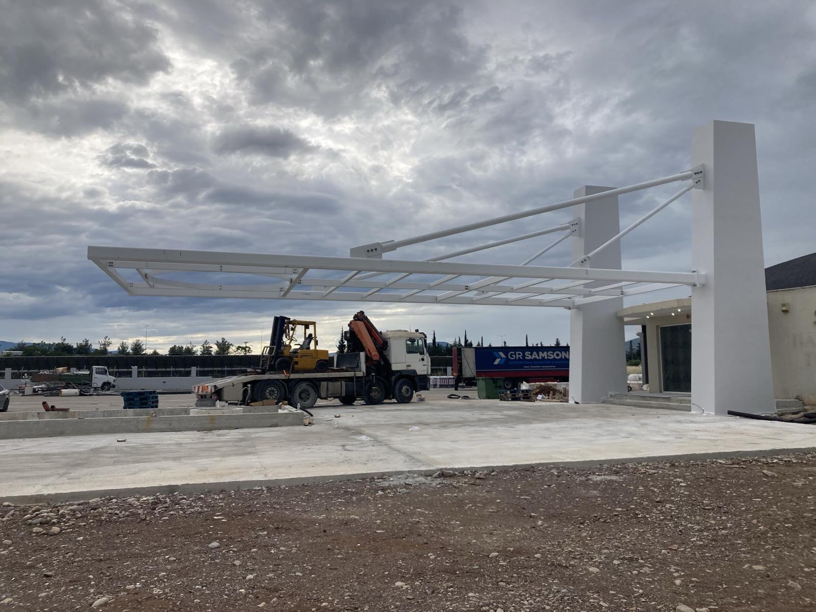 Completed suspended steel canopy in Almyros, Greece